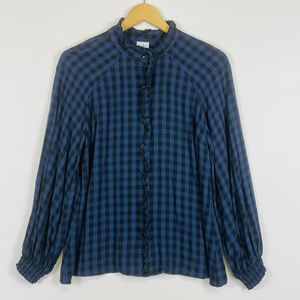 Cabi‎ Black Blue Gingham Plaid Ruffle Trim Long Sleeve Top Blouse Womens Small